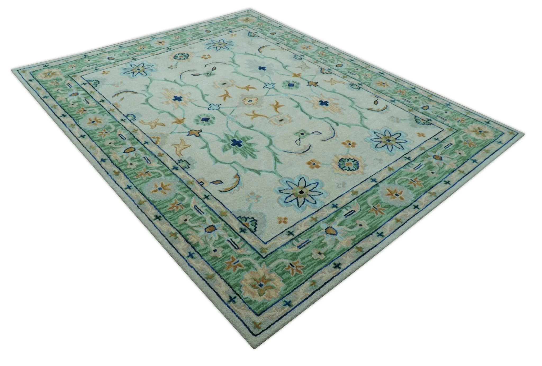 Beige and Green traditional Floral Oriental Oushak Hand Tufted Multi Size wool rug - Image 8