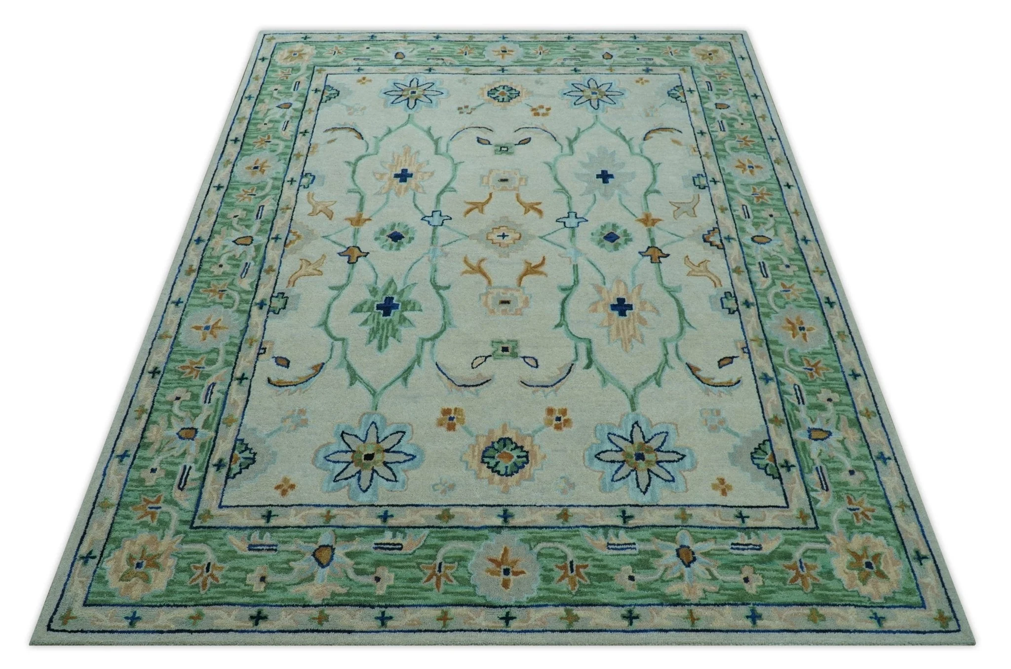 Beige and Green traditional Floral Oriental Oushak Hand Tufted Multi Size wool rug - Image 9