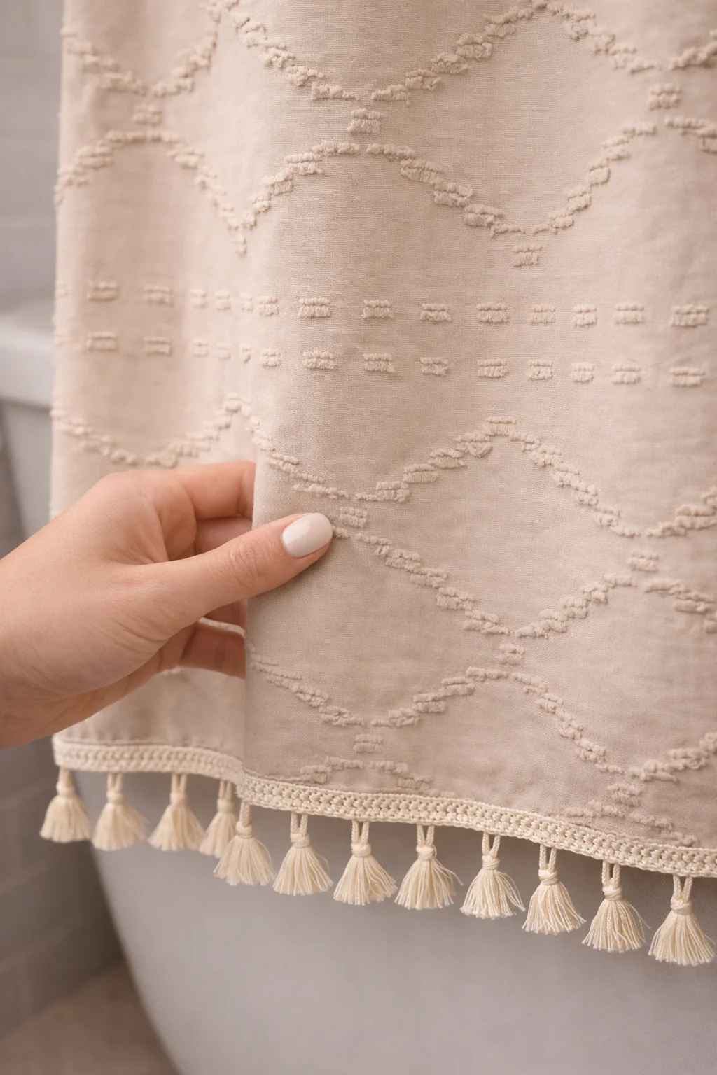 Valencia Tufted Beige Shower Curtain - Image 4