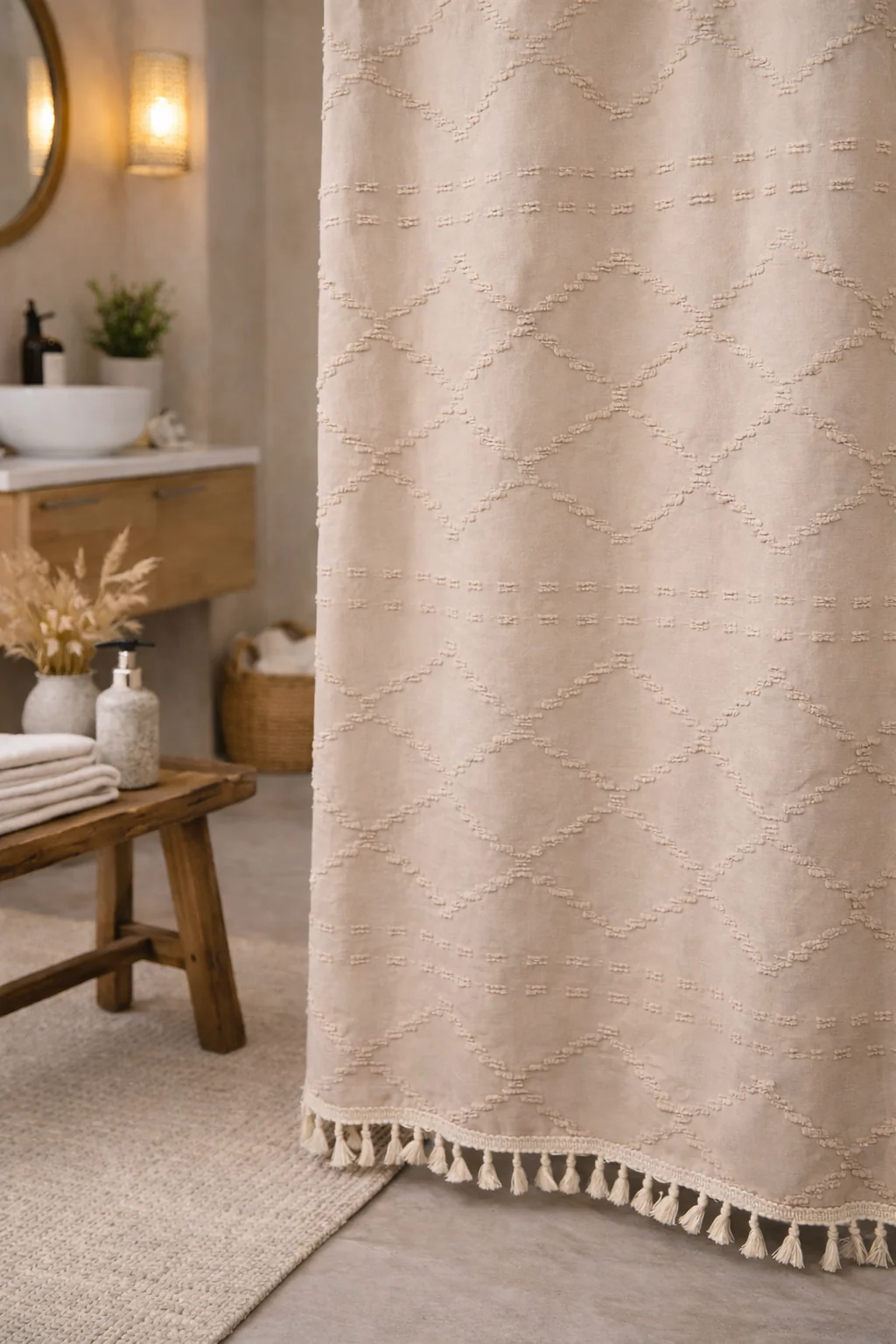 Valencia Tufted Beige Shower Curtain - Image 5