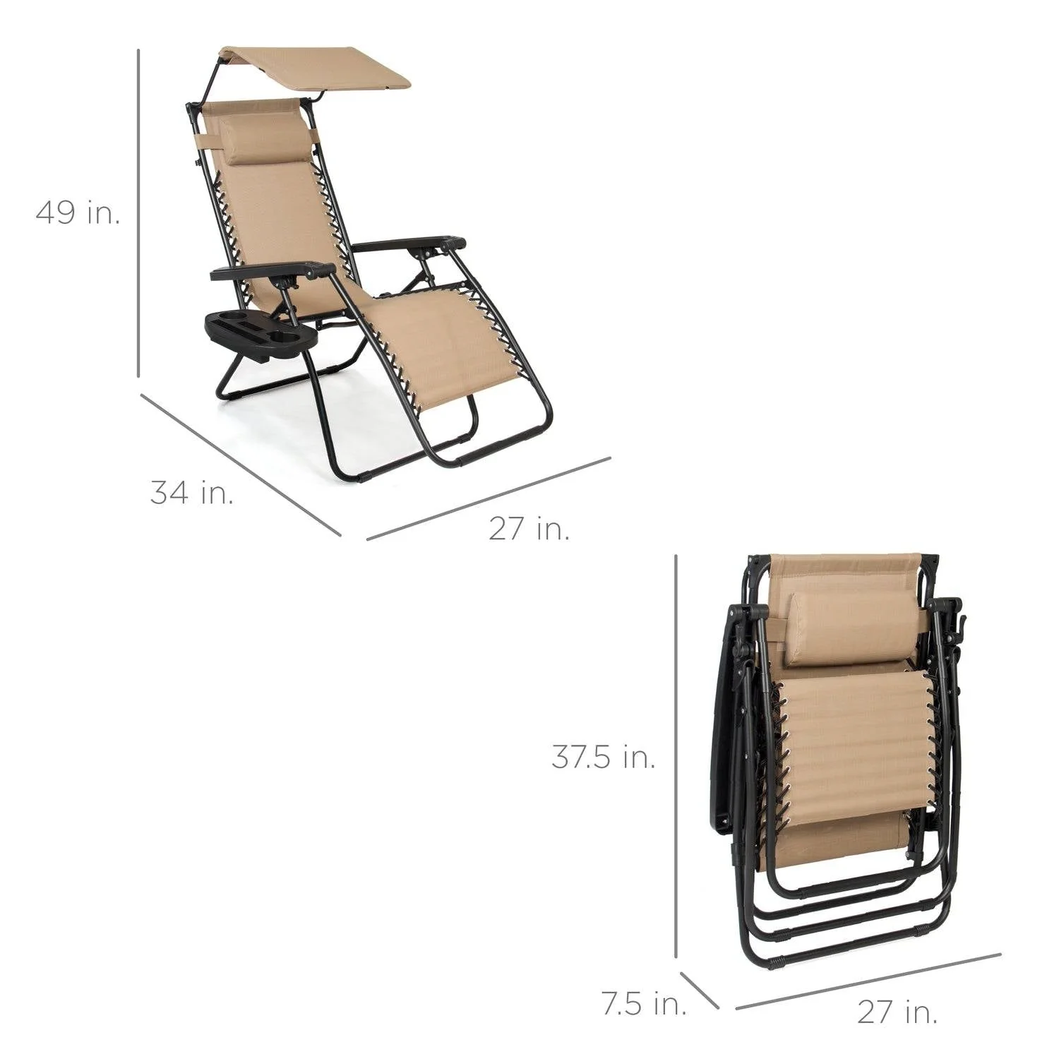 Beige Zero Gravity Folding Reclining Patio Lounge Chair with Canopy Sun Shade - Image 4