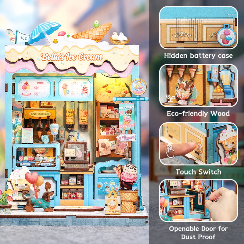 Bella's Ice Cream Dollhouse Kit - Miniature Wizardi Roombox Kit with LED Light F07M51-93-CWGC212 - Image 2