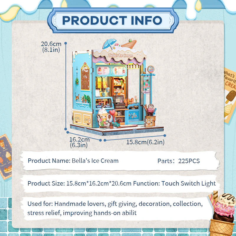 Bella's Ice Cream Dollhouse Kit - Miniature Wizardi Roombox Kit with LED Light F07M51-93-CWGC212 - Image 5