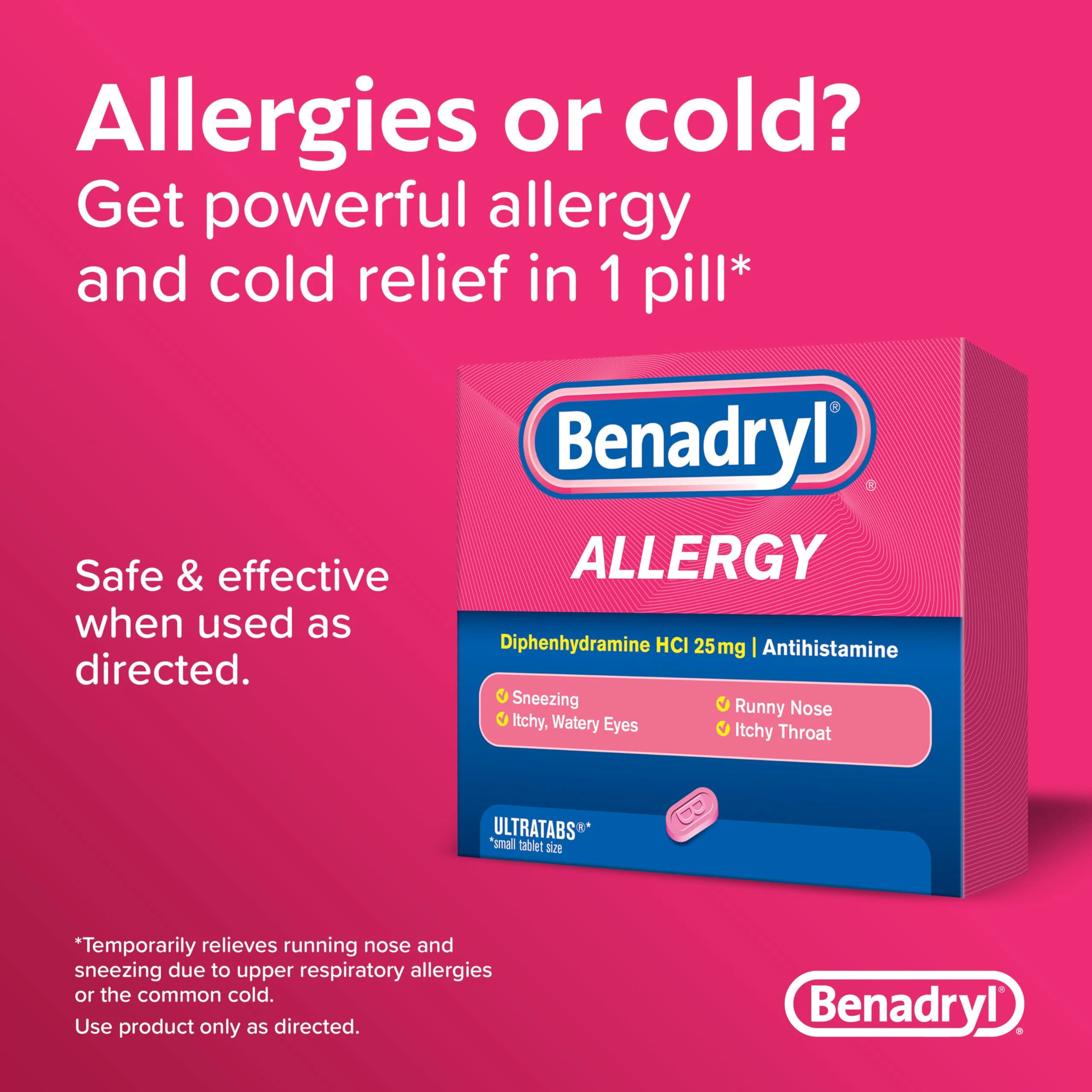 Benadryl Ultratabs Antihistamine Allergy Relief Tablets, Diphenhydramine HCl 25mg, 24 Count (Pack of 2) - Image 6