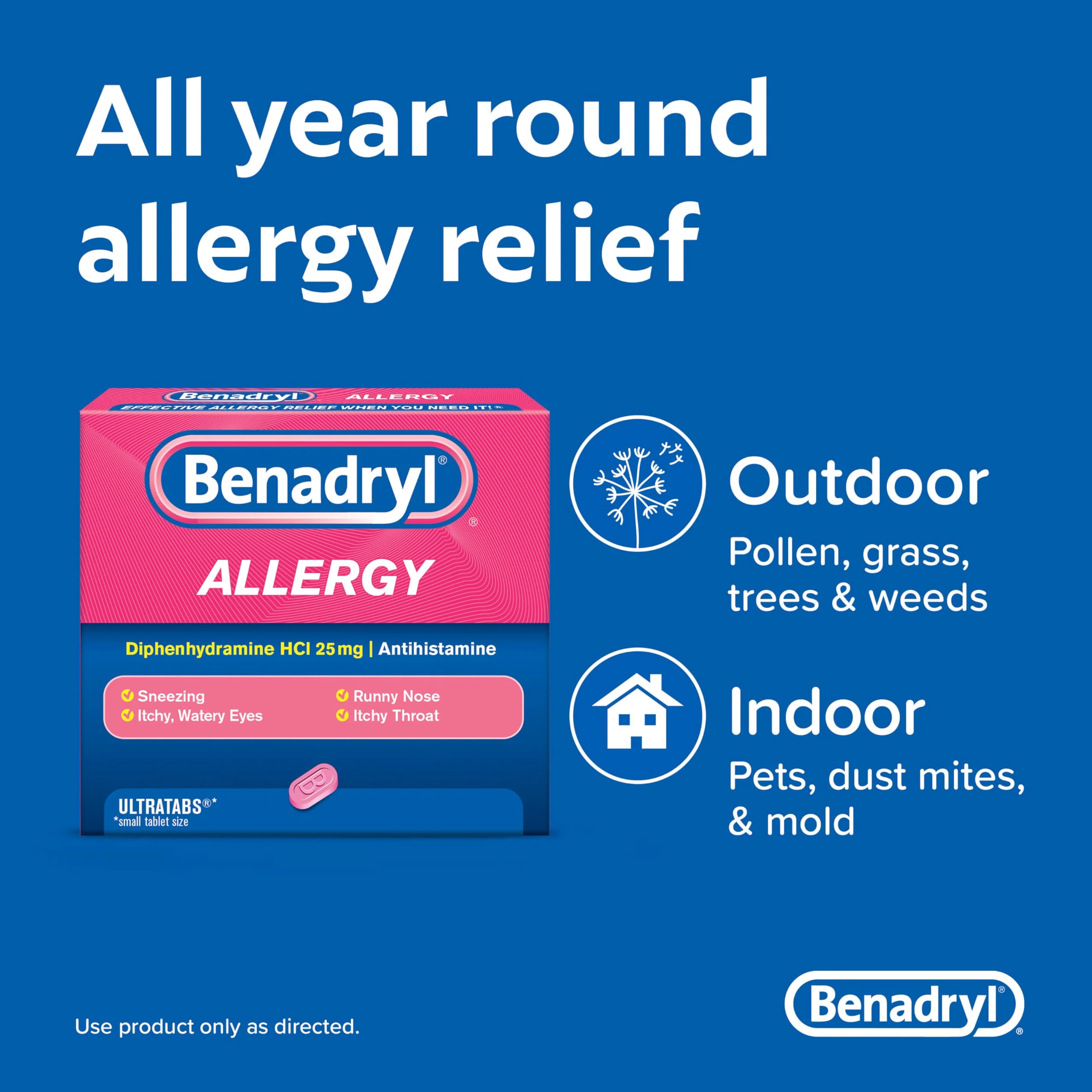 Benadryl Ultratabs Antihistamine Allergy Relief Tablets, Diphenhydramine HCl 25mg, 24 Count (Pack of 2) - Image 8