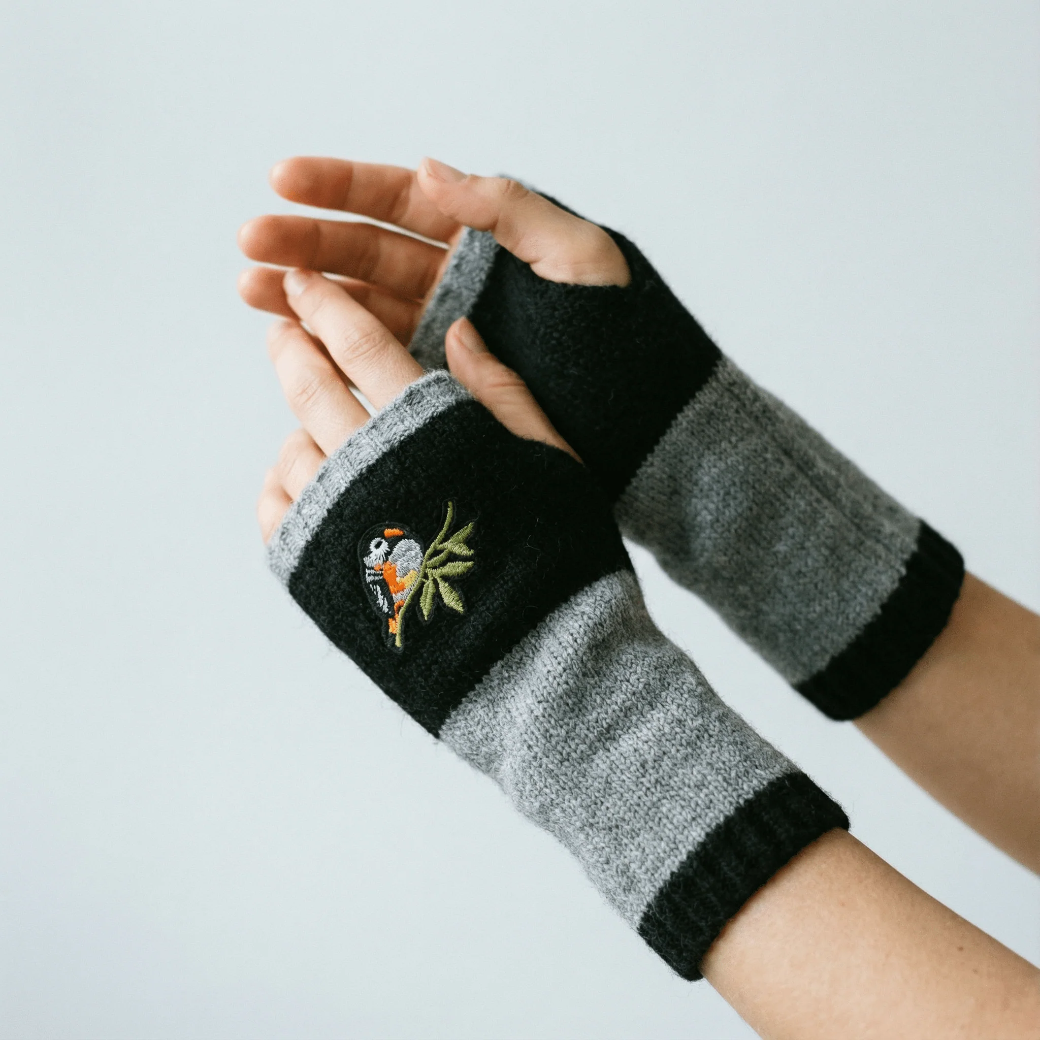Bird Applique Arm Warmers | Fingerless Gloves in Black, Pink, or Green - Image 7