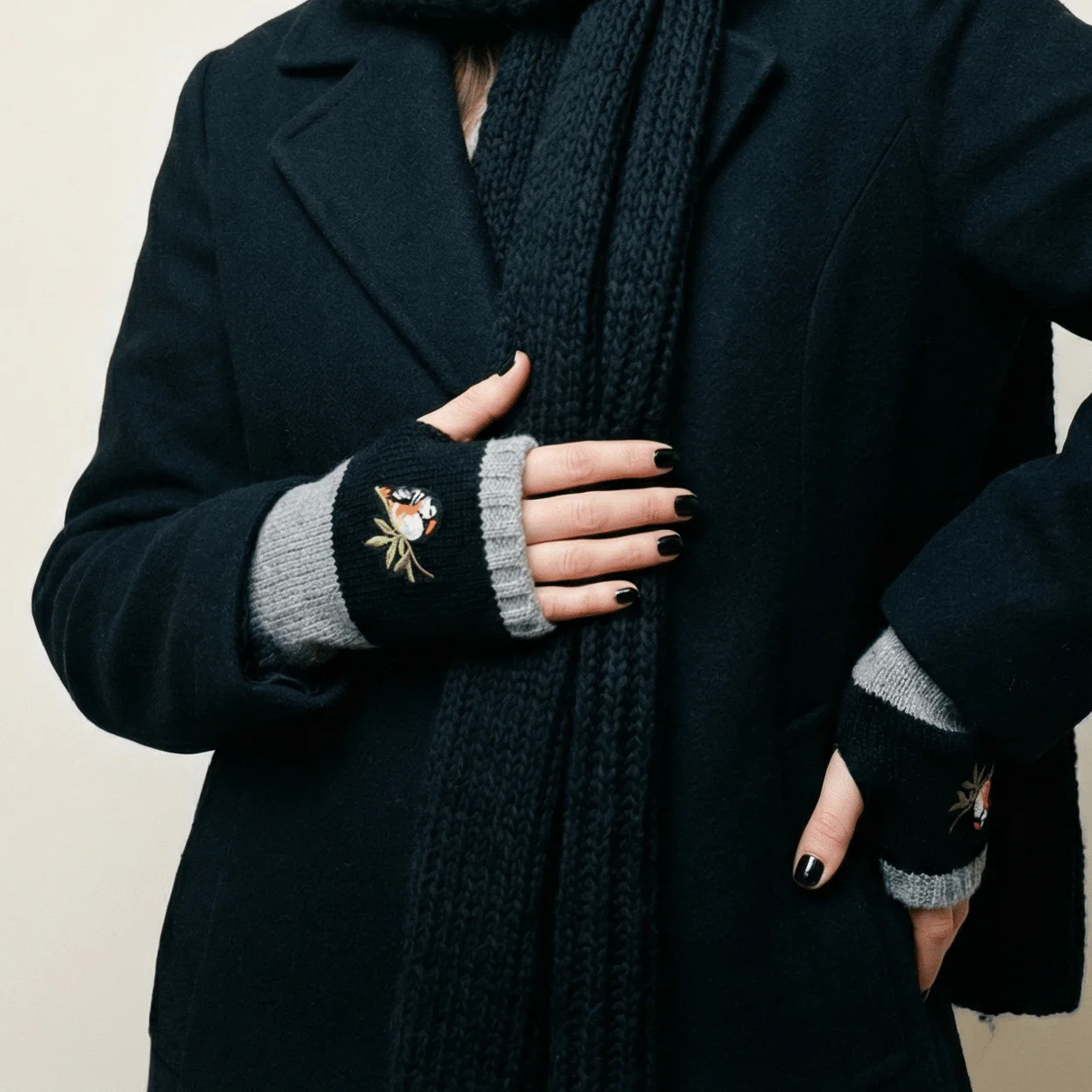 Bird Applique Arm Warmers | Fingerless Gloves in Black, Pink, or Green - Image 9