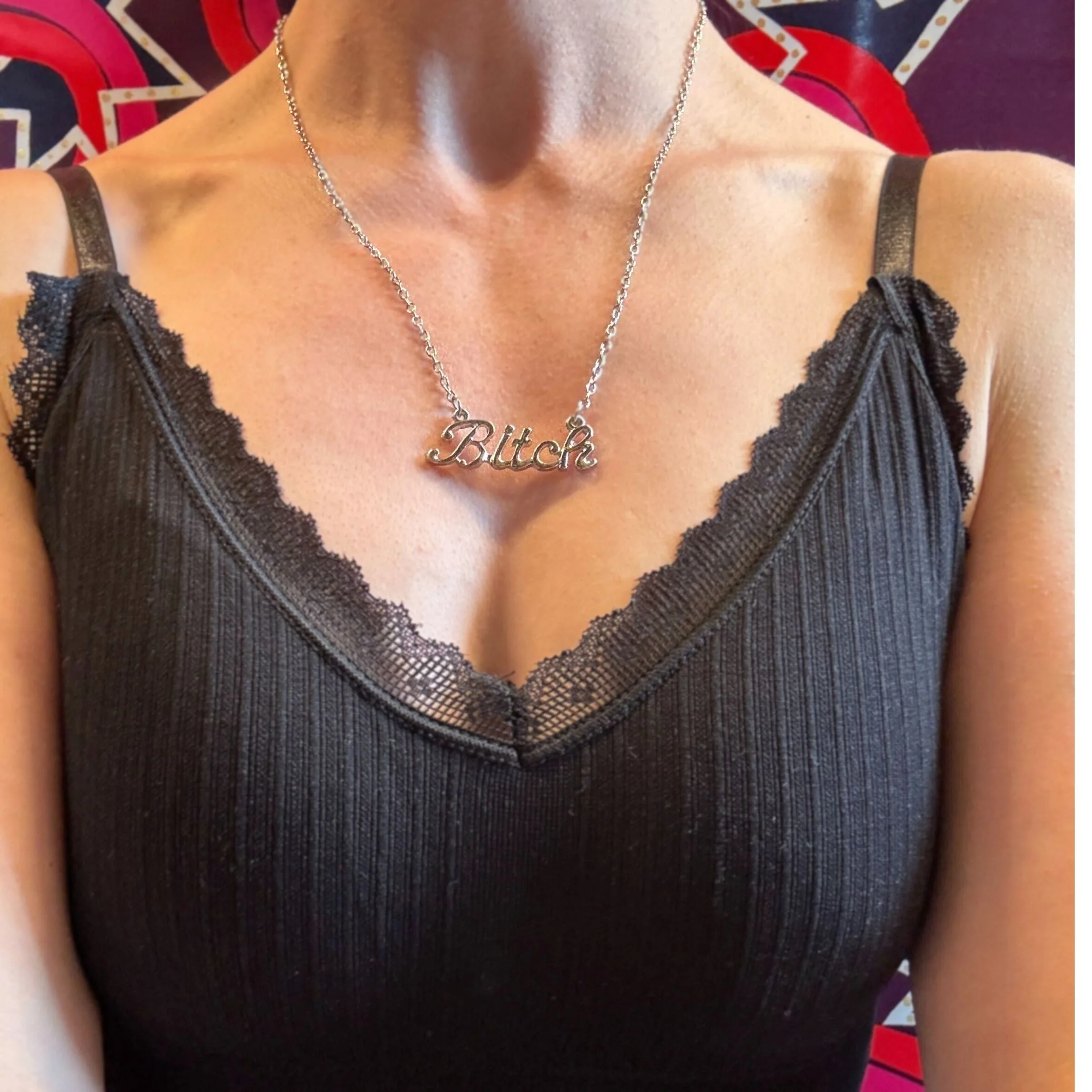 Bitch Script Nameplate Necklace in Silver or Gold - Image 2