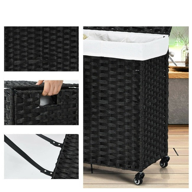 Black 3 Bin Linen Lined on Wheels PR Rattan Laundry Hamper - Image 2