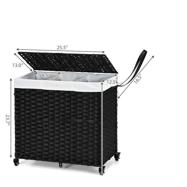 Black 3 Bin Linen Lined on Wheels PR Rattan Laundry Hamper - Image 3