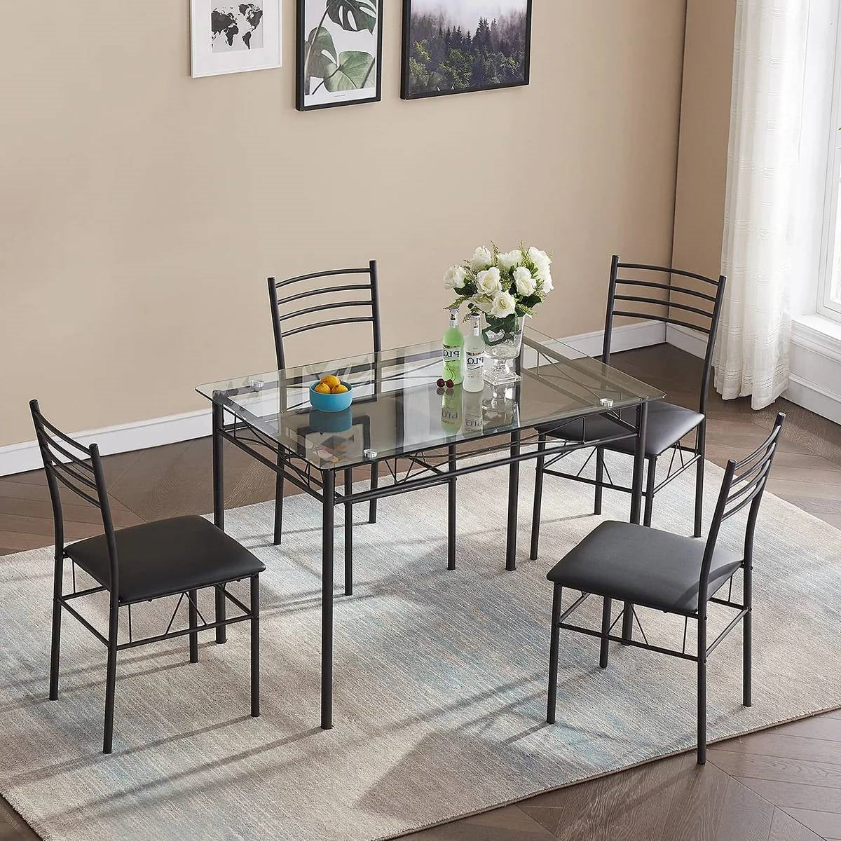 Black 5-Piece Dining Set with Rectangular Glass-Top Table and 4 Chairs - Image 2