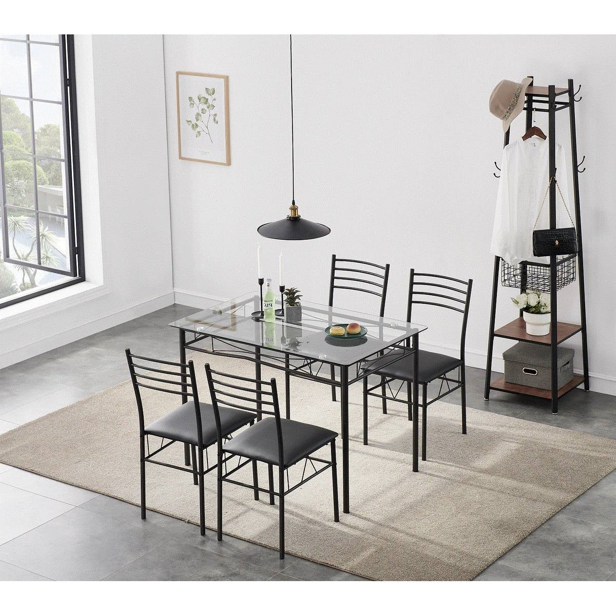 Black 5-Piece Dining Set with Rectangular Glass-Top Table and 4 Chairs - Image 3