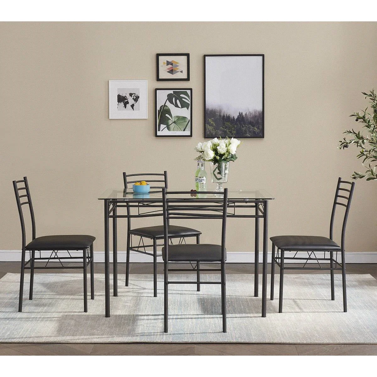 Black 5-Piece Dining Set with Rectangular Glass-Top Table and 4 Chairs - Image 4