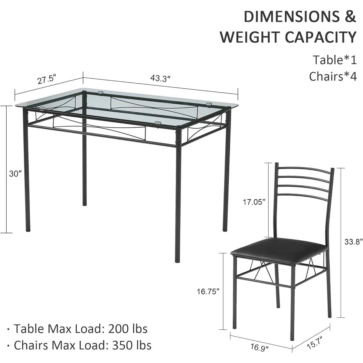 Black 5-Piece Dining Set with Rectangular Glass-Top Table and 4 Chairs - Image 5