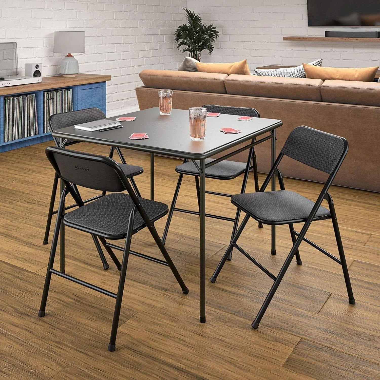 Black 5-Piece Square Folding Dining Table with 4 Chairs Guest Set Card Table - Image 2
