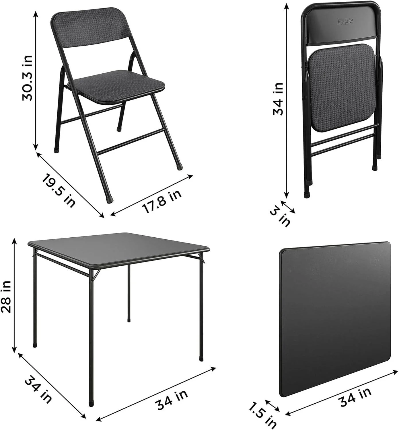 Black 5-Piece Square Folding Dining Table with 4 Chairs Guest Set Card Table - Image 4