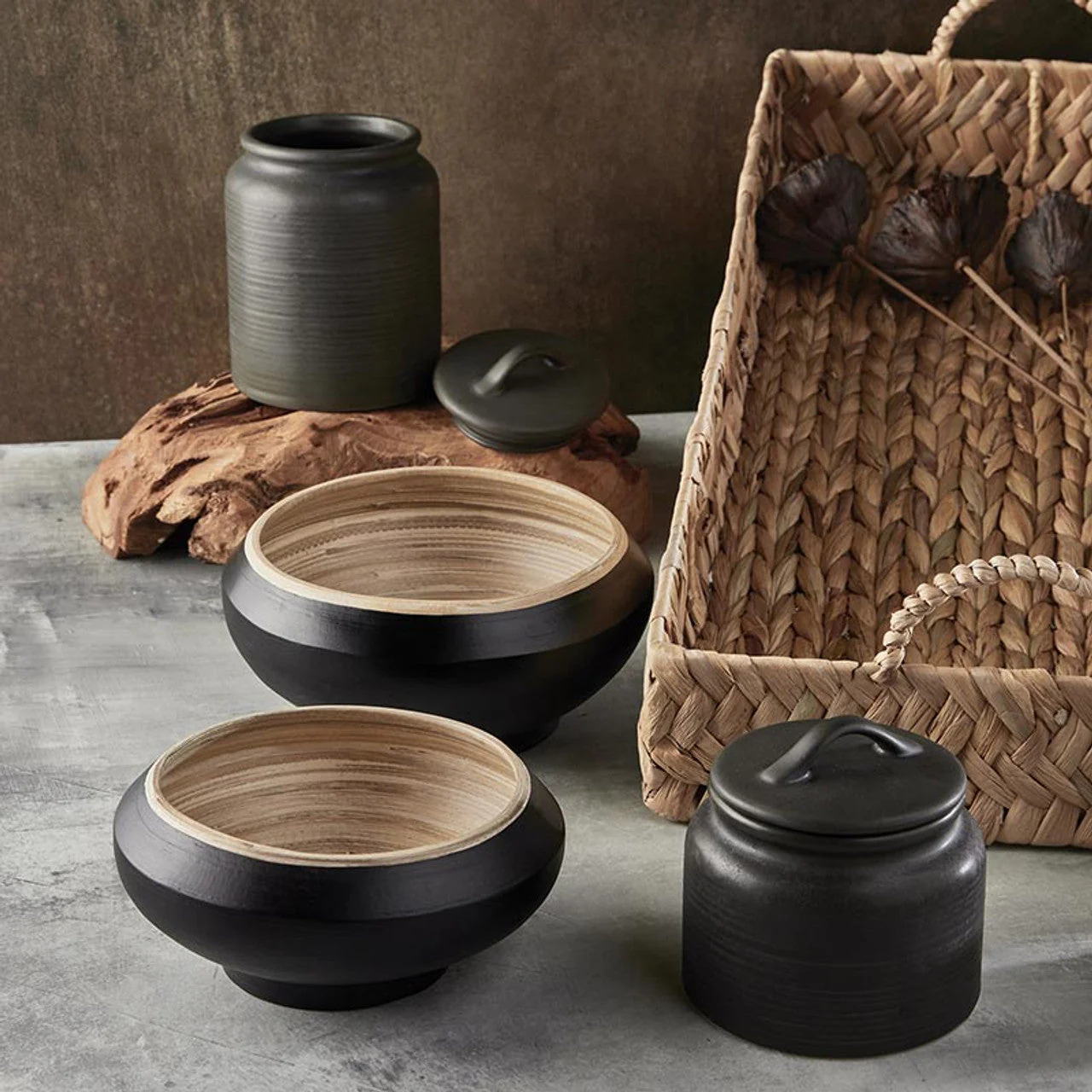 Black Bamboo Large Bowl | Serving Dish in Black/Tan | 8" x 3.5" - Image 2