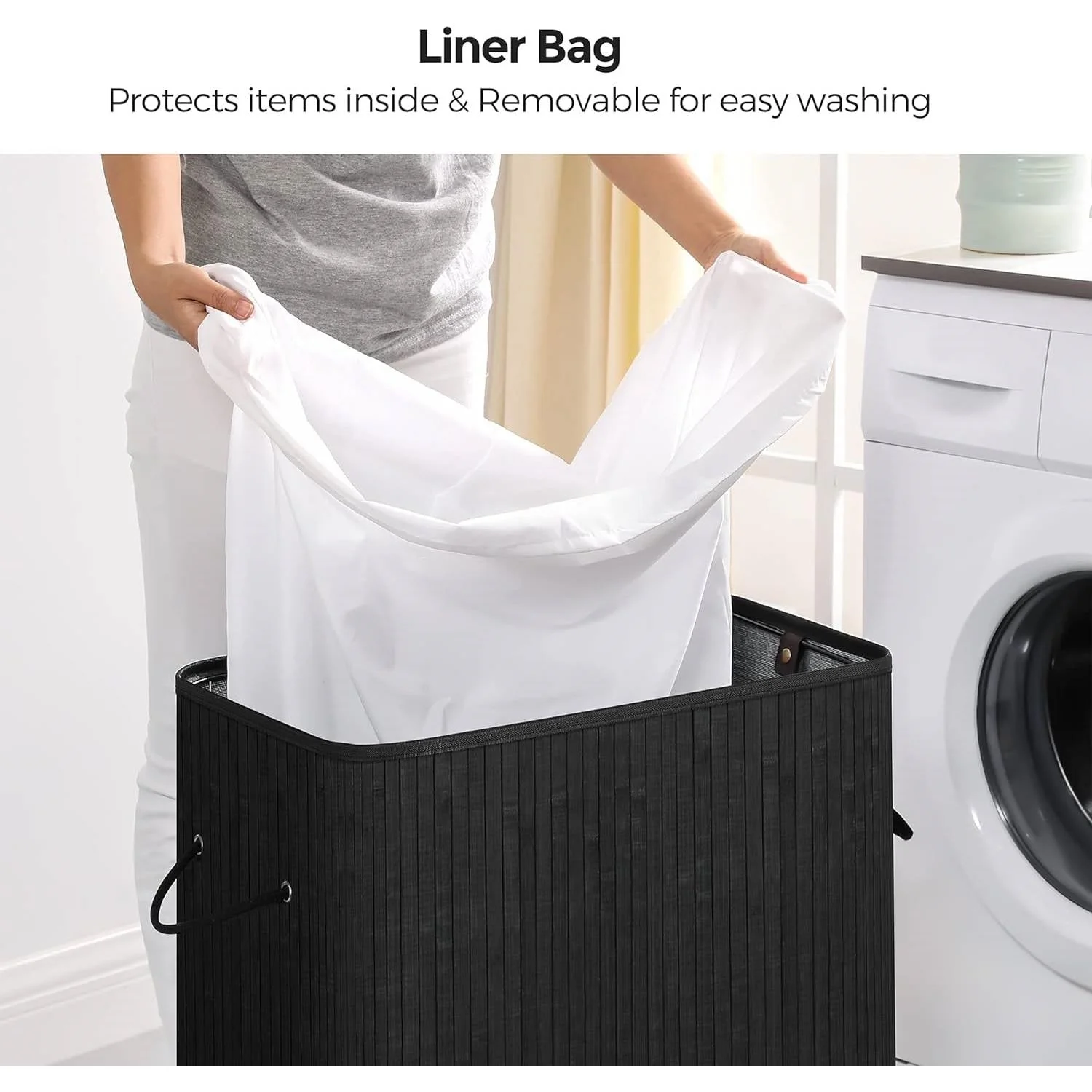 Black Bamboo Wood 26-Gal Laundry Hamper Basket w/ Removable Washable Cotton Bag - Image 2