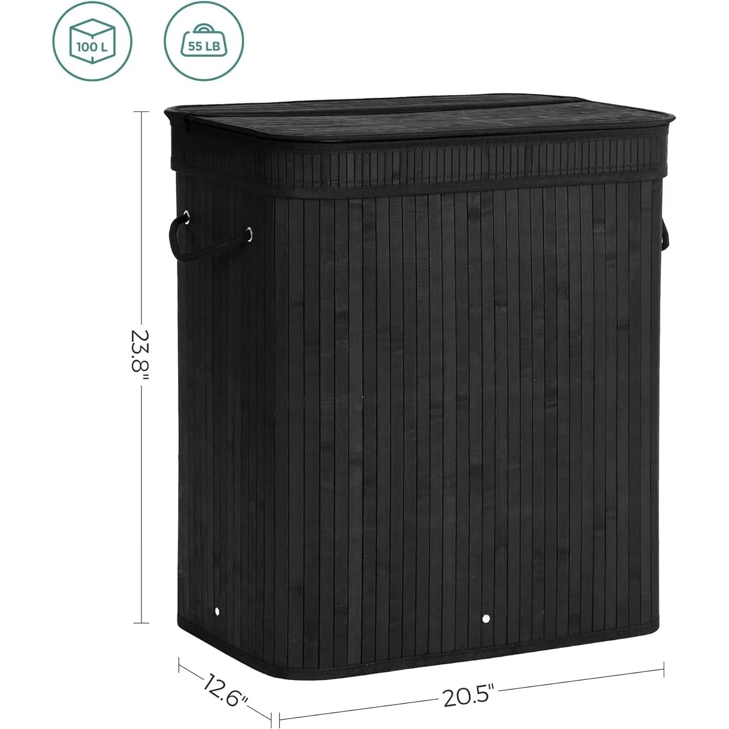 Black Bamboo Wood 26-Gal Laundry Hamper Basket w/ Removable Washable Cotton Bag - Image 5