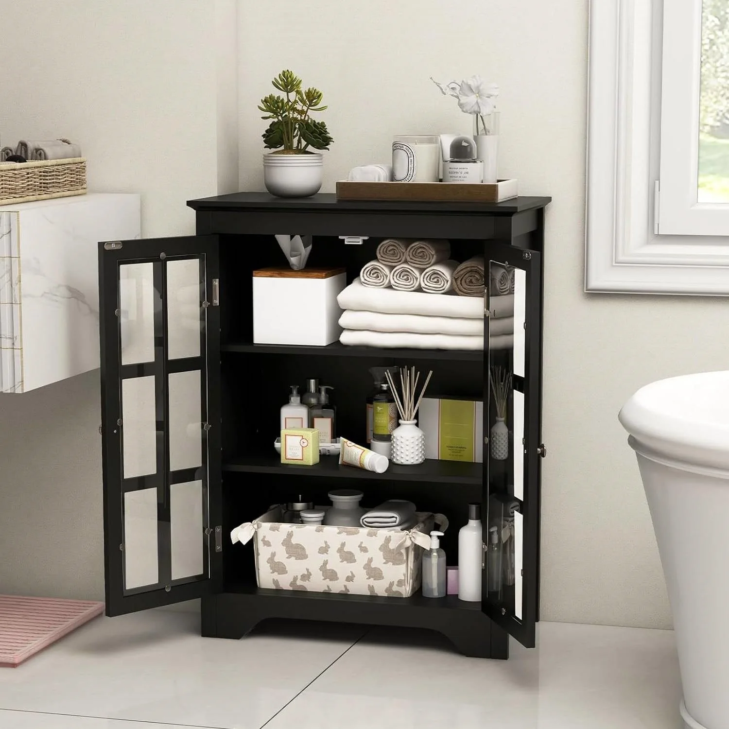 Black Bathroom Storage Linen Cabinet with Adjustable Shelves and Glass Doors - Image 2