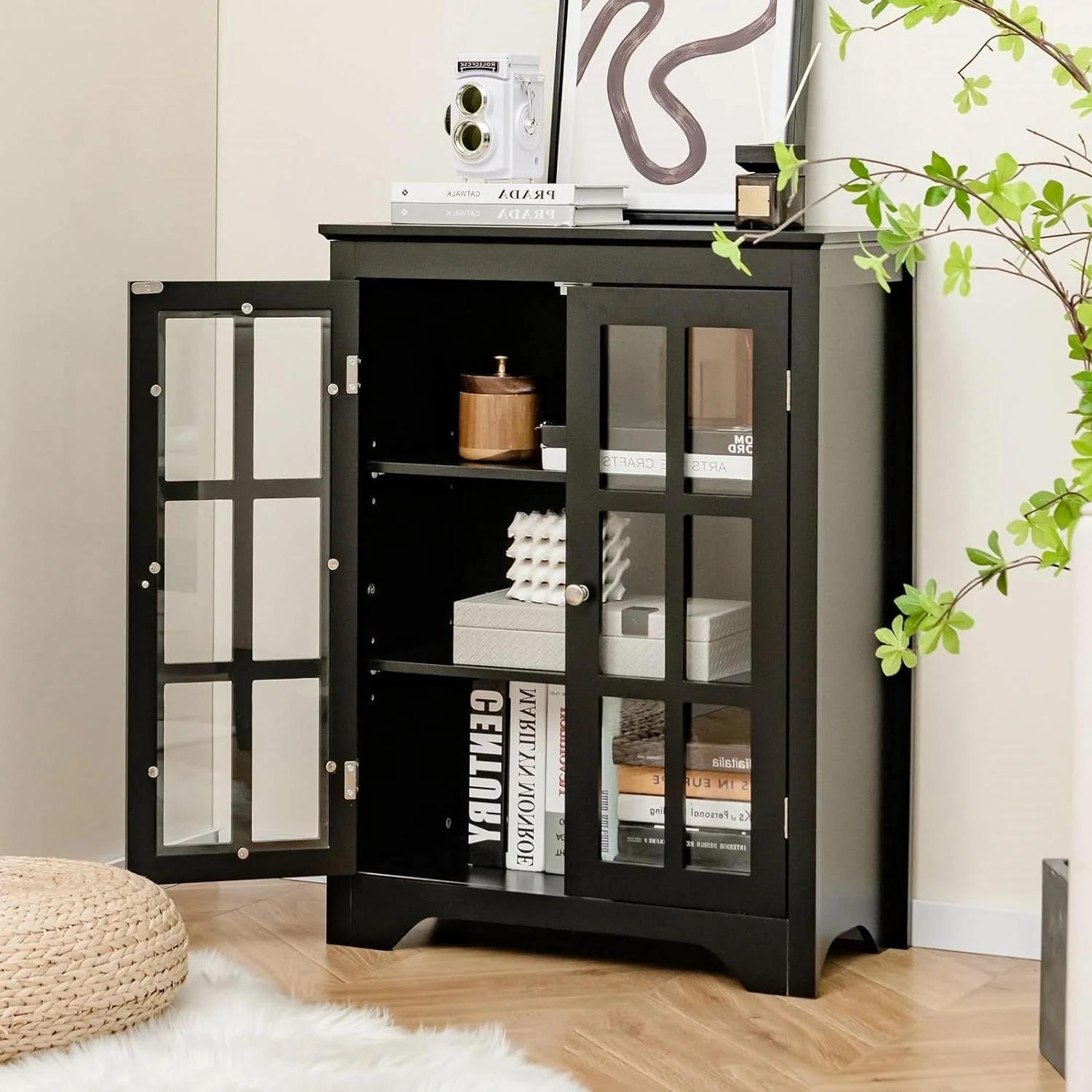 Black Bathroom Storage Linen Cabinet with Adjustable Shelves and Glass Doors - Image 3