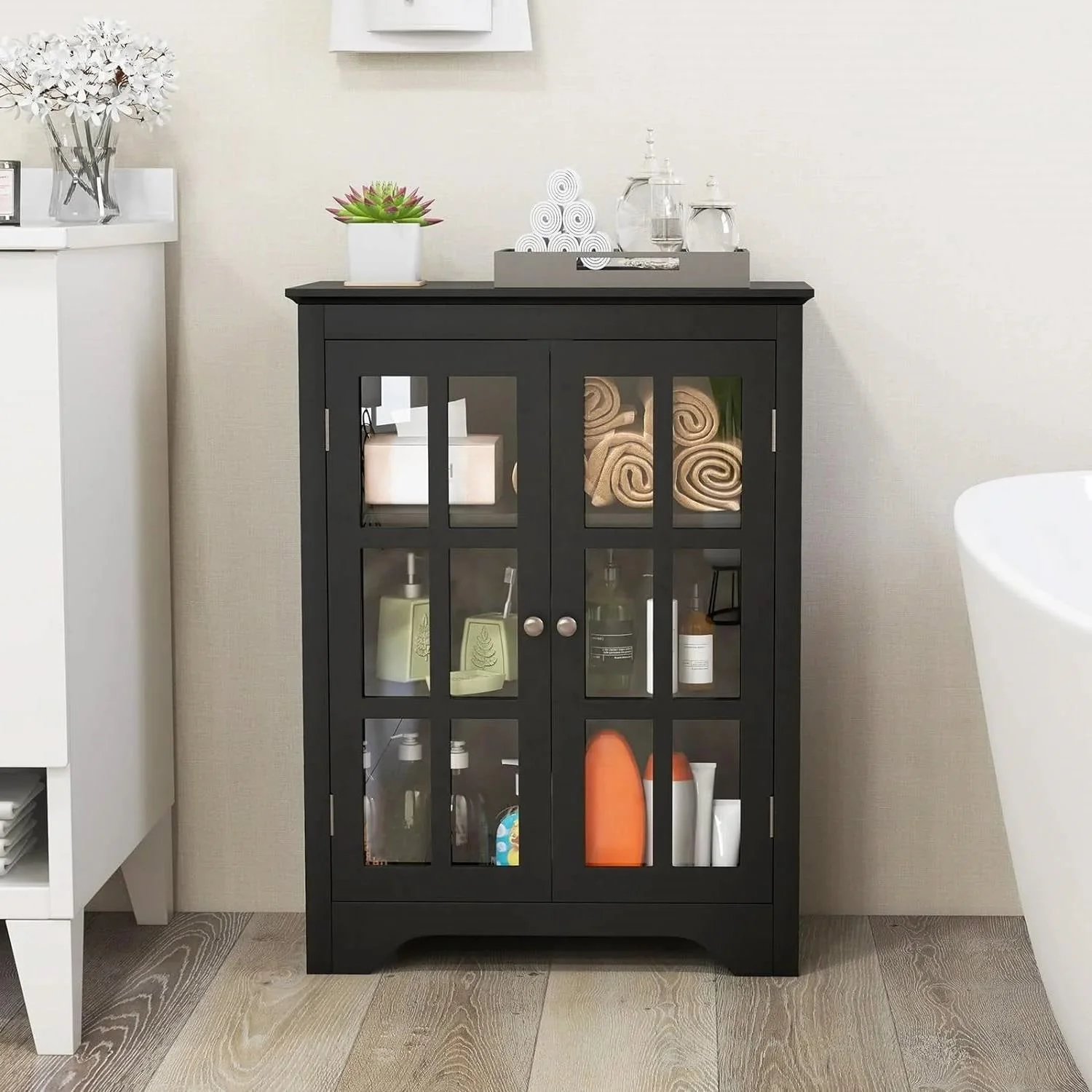 Black Bathroom Storage Linen Cabinet with Adjustable Shelves and Glass Doors - Image 4