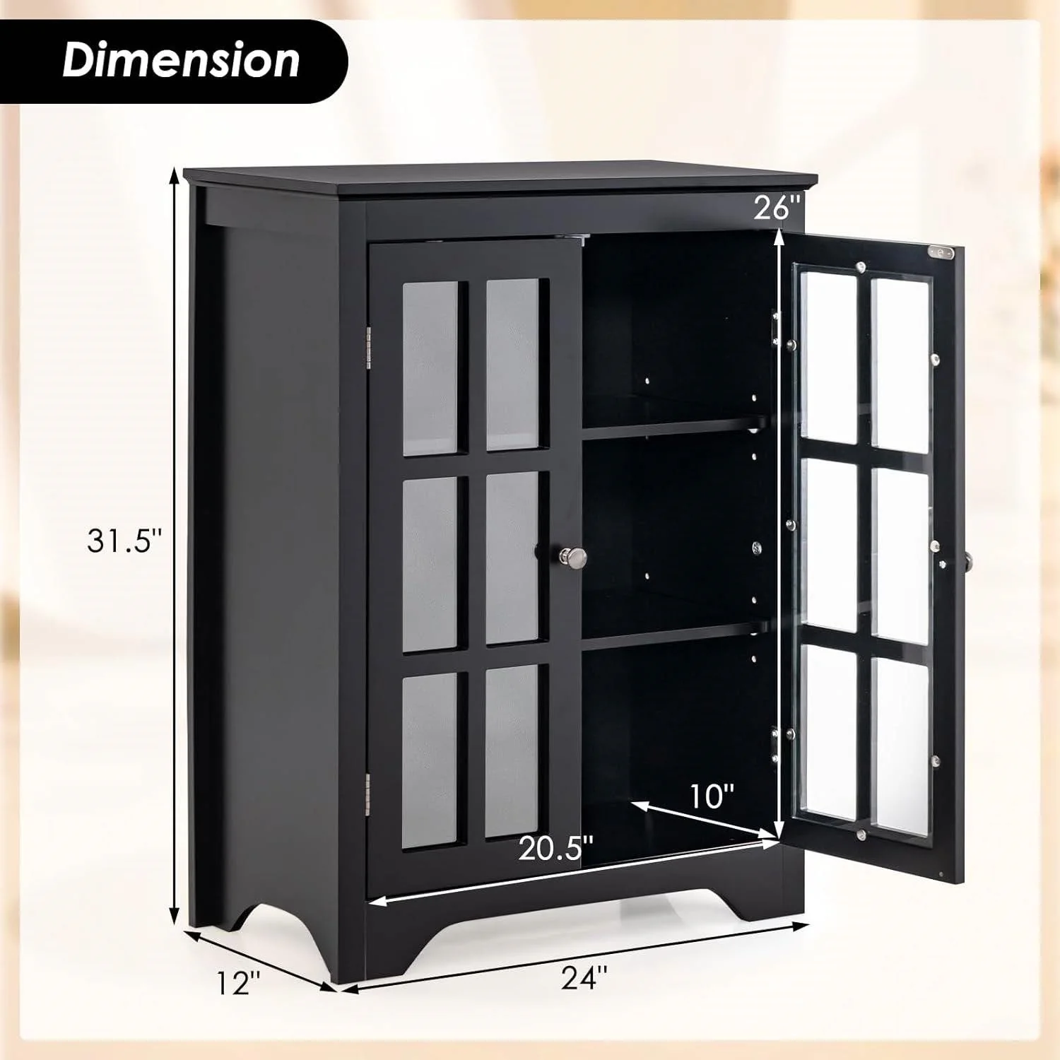 Black Bathroom Storage Linen Cabinet with Adjustable Shelves and Glass Doors - Image 5