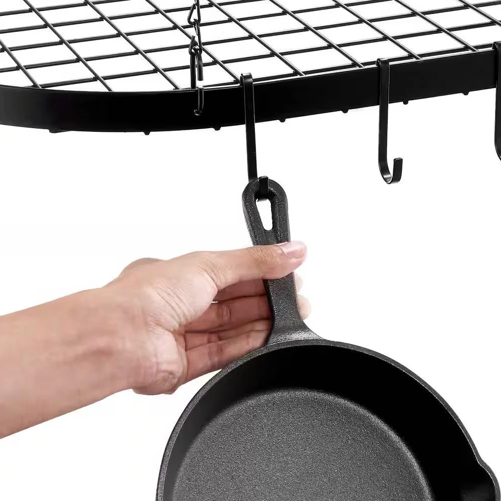 Black Carbon Steel Ceiling Mount Oval Hanging Kitchen Pot Rack with 12 Hooks - Image 2