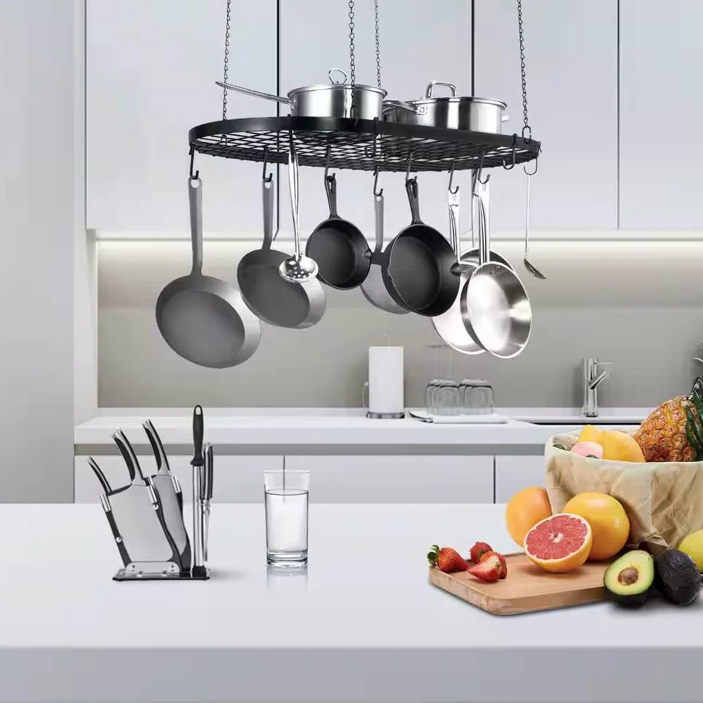 Black Carbon Steel Ceiling Mount Oval Hanging Kitchen Pot Rack with 12 Hooks - Image 3