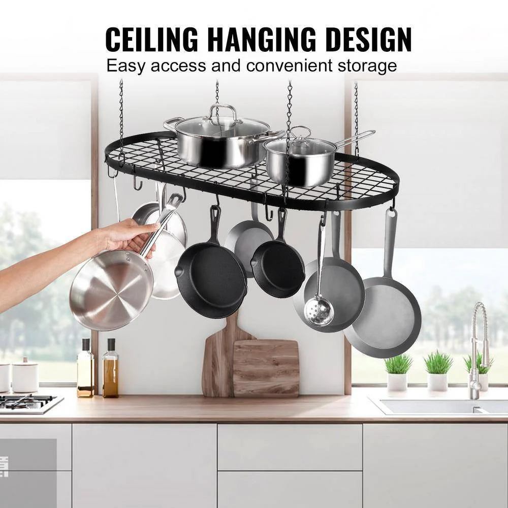 Black Carbon Steel Ceiling Mount Oval Hanging Kitchen Pot Rack with 12 Hooks - Image 4