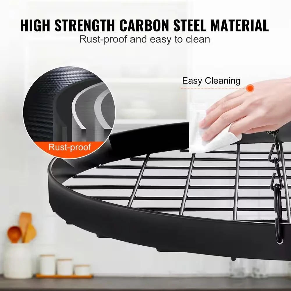 Black Carbon Steel Ceiling Mount Oval Hanging Kitchen Pot Rack with 12 Hooks - Image 5