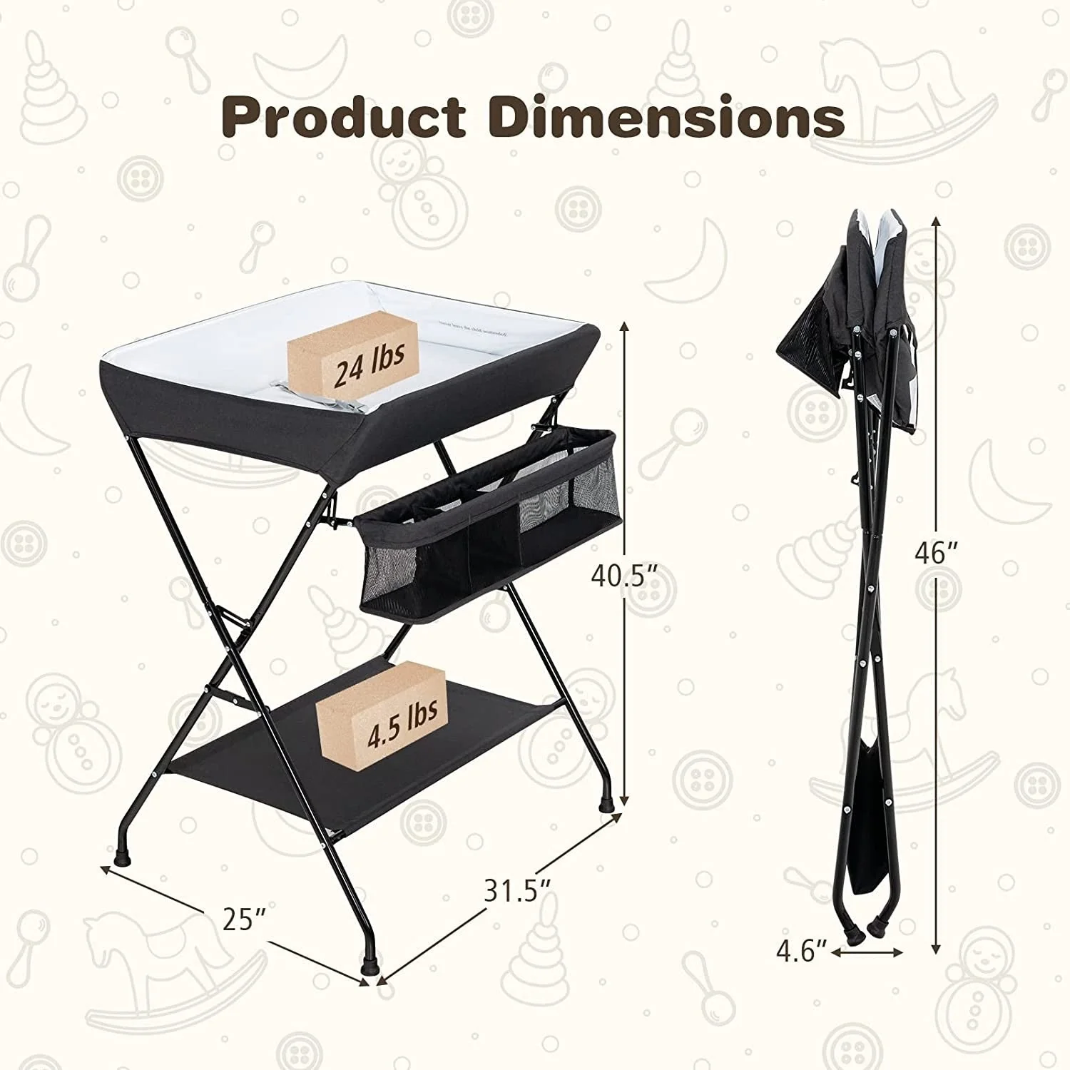Black Folding  Wide Nursery Diaper Baby  Changing Table - Image 3