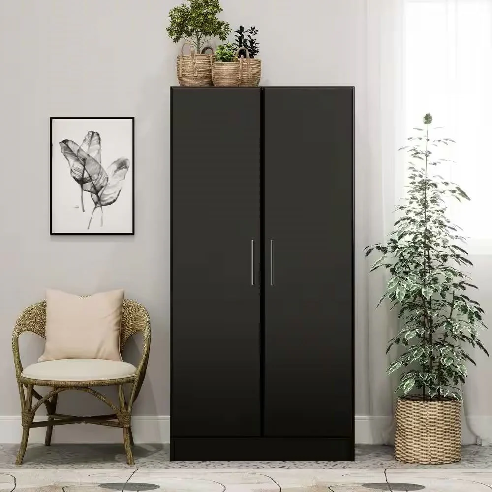 Black Freestanding Bedroom Cabinet Armoire Wardrobe Closet with Hanging Rail - Image 4