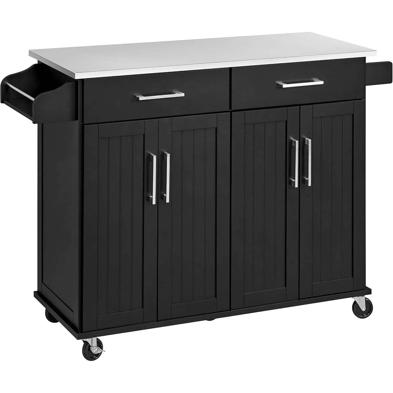 Black Kitchen Island Cart with Stainless Steel Top 2 Drawers and Cabinet - Image 2