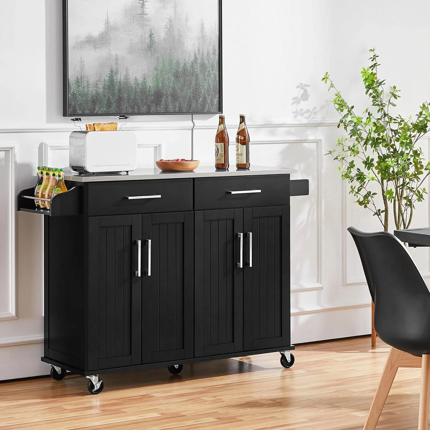 Black Kitchen Island Cart with Stainless Steel Top 2 Drawers and Cabinet - Image 3
