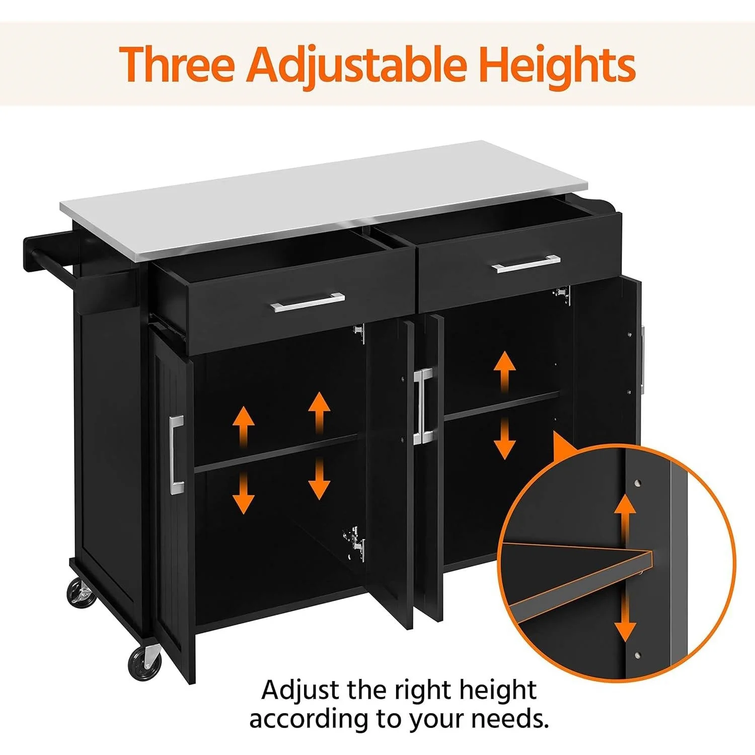Black Kitchen Island Cart with Stainless Steel Top 2 Drawers and Cabinet - Image 4