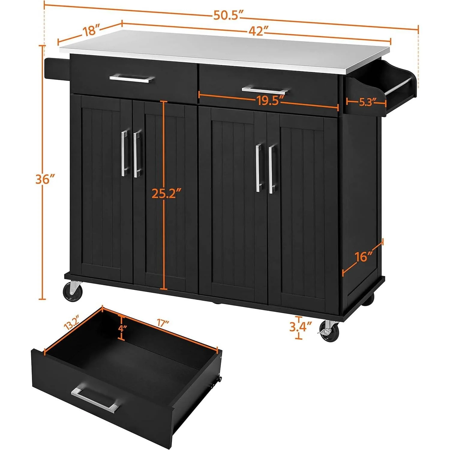 Black Kitchen Island Cart with Stainless Steel Top 2 Drawers and Cabinet - Image 5