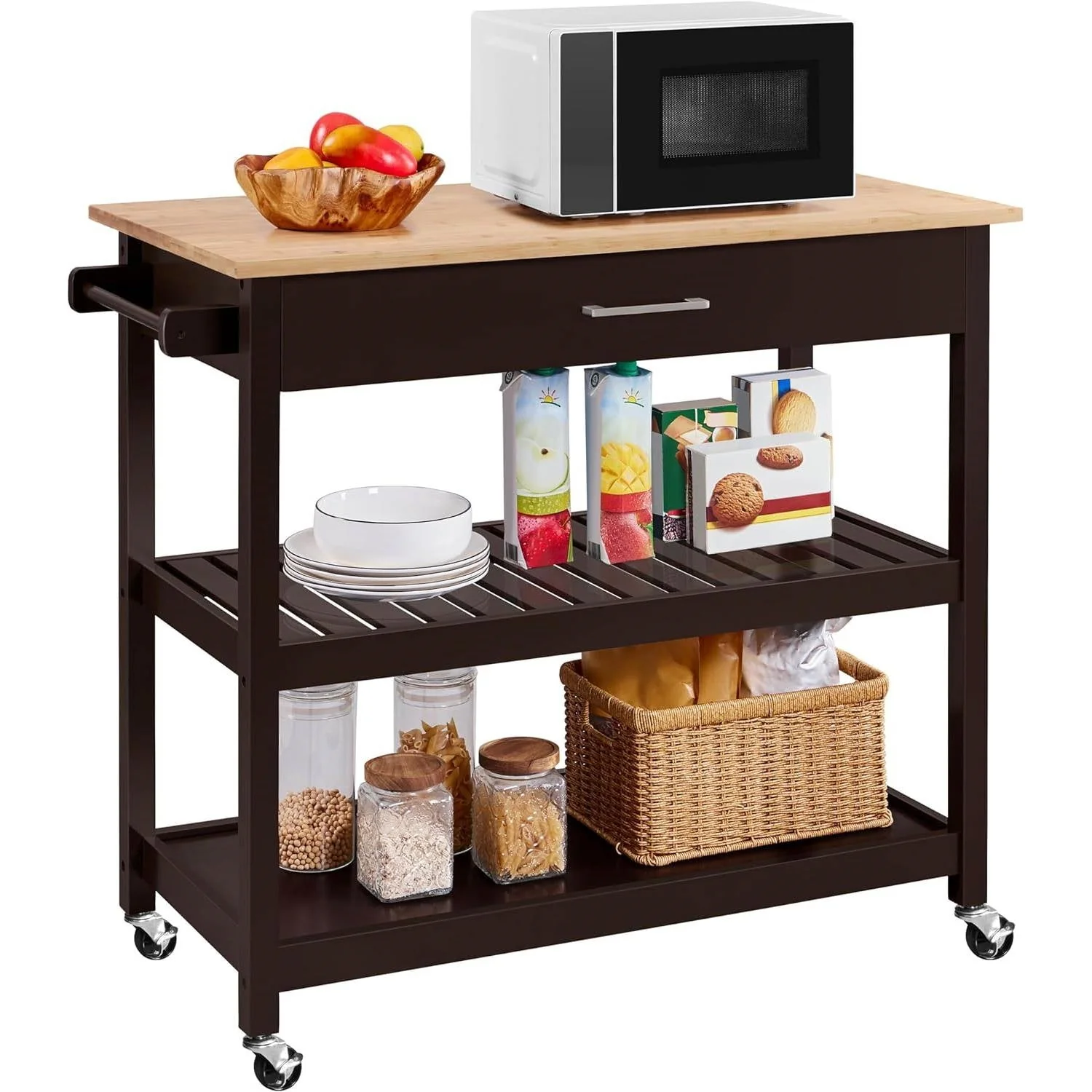 Black Kitchen Island Cart with Wood Top 2-Shelves Drawer and Locking Wheels - Image 2