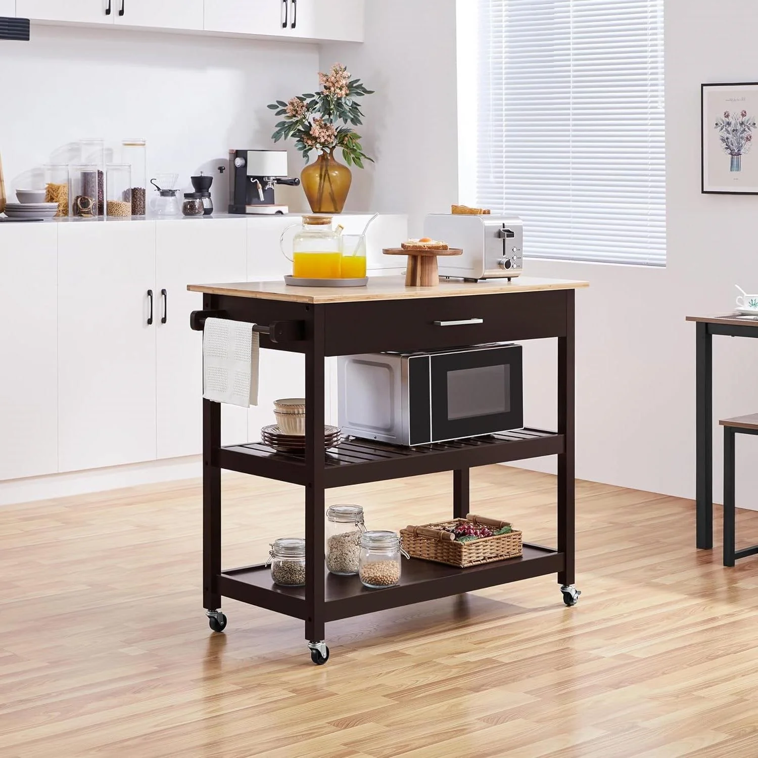 Black Kitchen Island Cart with Wood Top 2-Shelves Drawer and Locking Wheels - Image 3