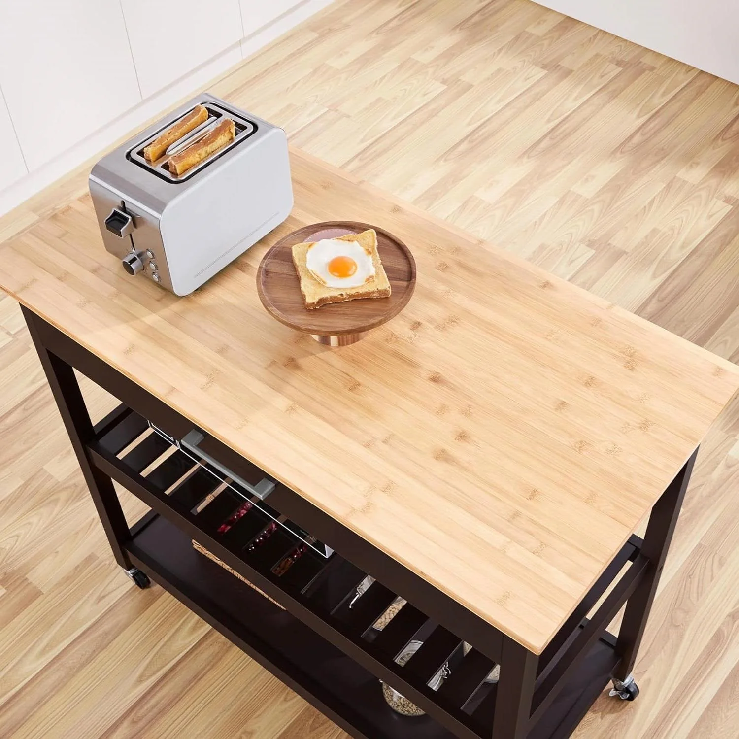 Black Kitchen Island Cart with Wood Top 2-Shelves Drawer and Locking Wheels - Image 4