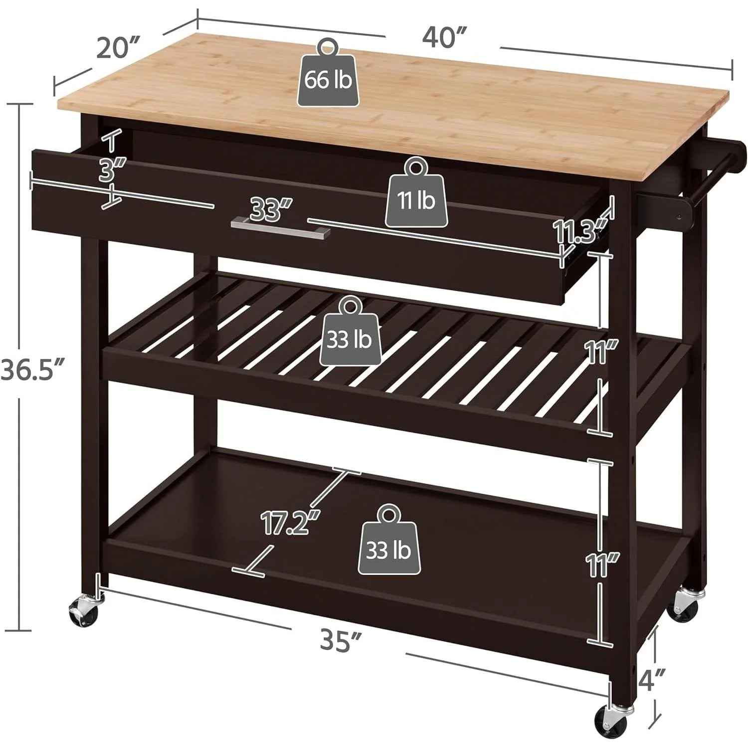 Black Kitchen Island Cart with Wood Top 2-Shelves Drawer and Locking Wheels - Image 5