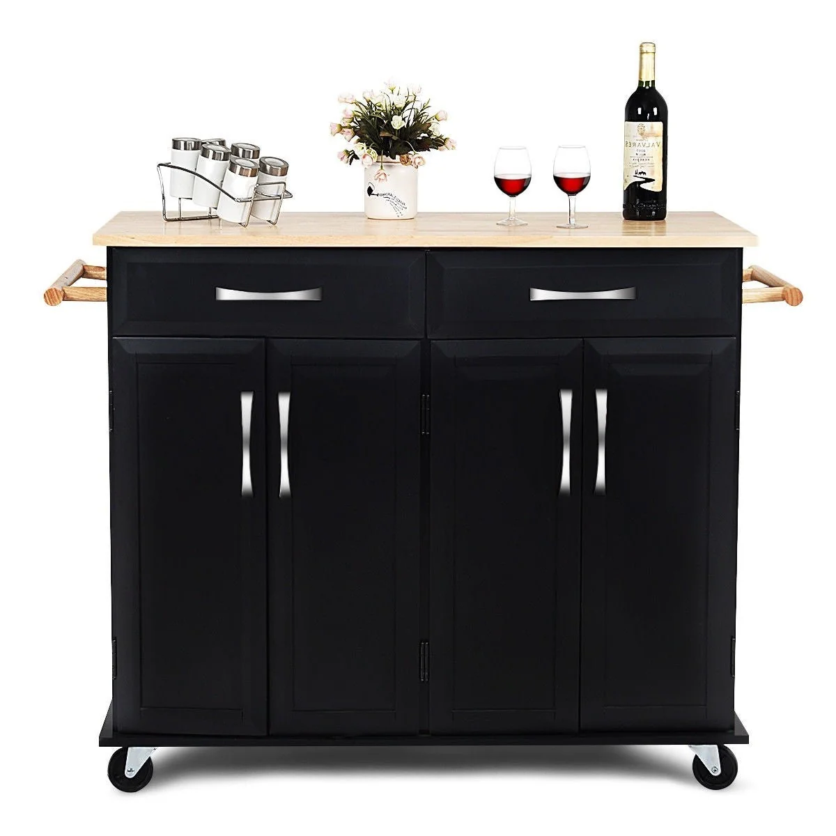 Black Kitchen Island Storage Cabinet Cart with Wood Top and Wheels - Image 2