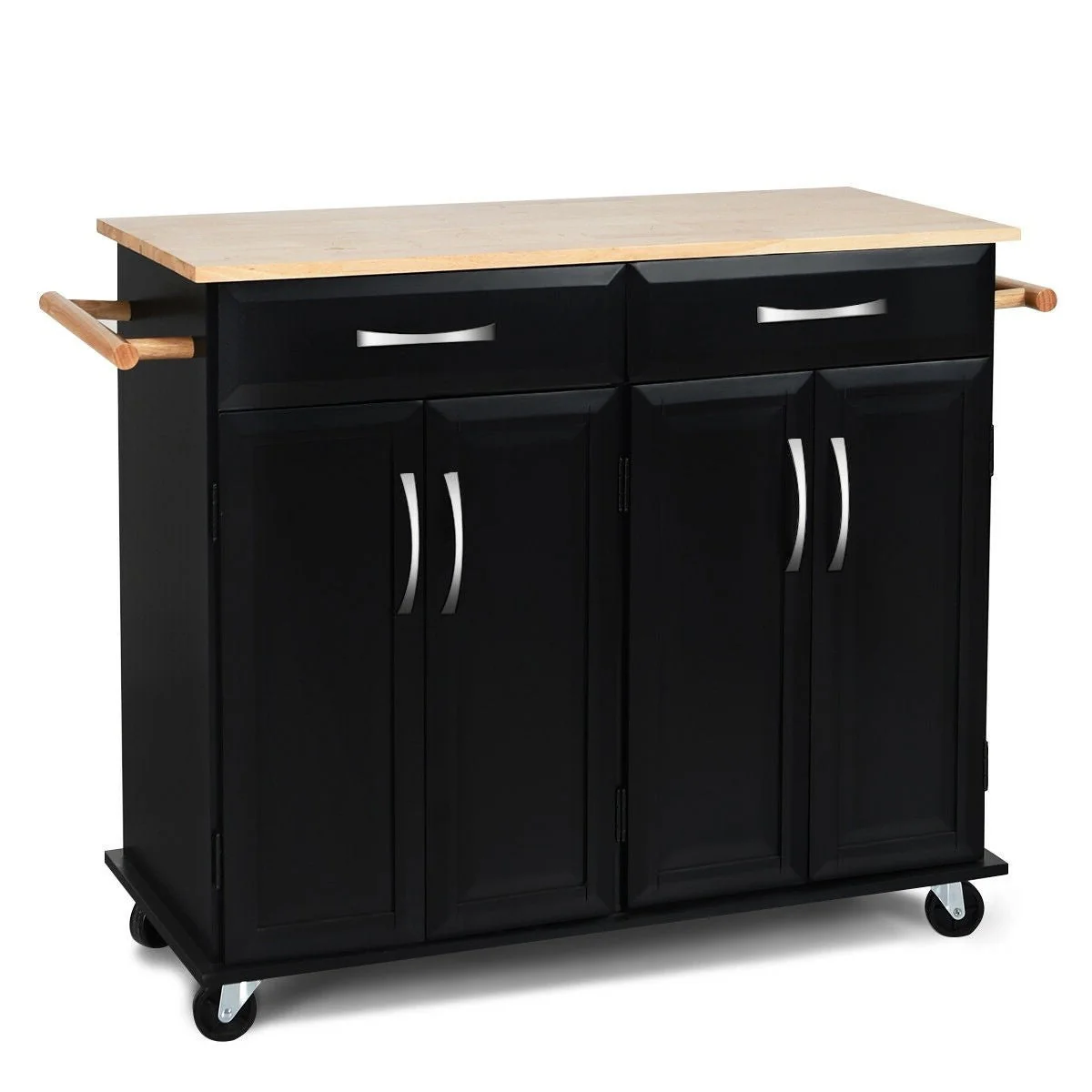 Black Kitchen Island Storage Cabinet Cart with Wood Top and Wheels - Image 3