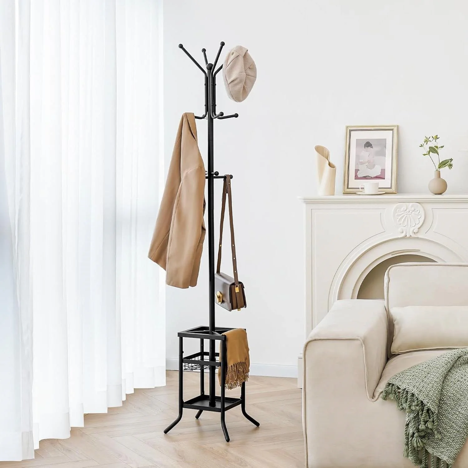 Black Metal Coat Rack Entryway Hall Tree with Umbrella Holder - Image 2