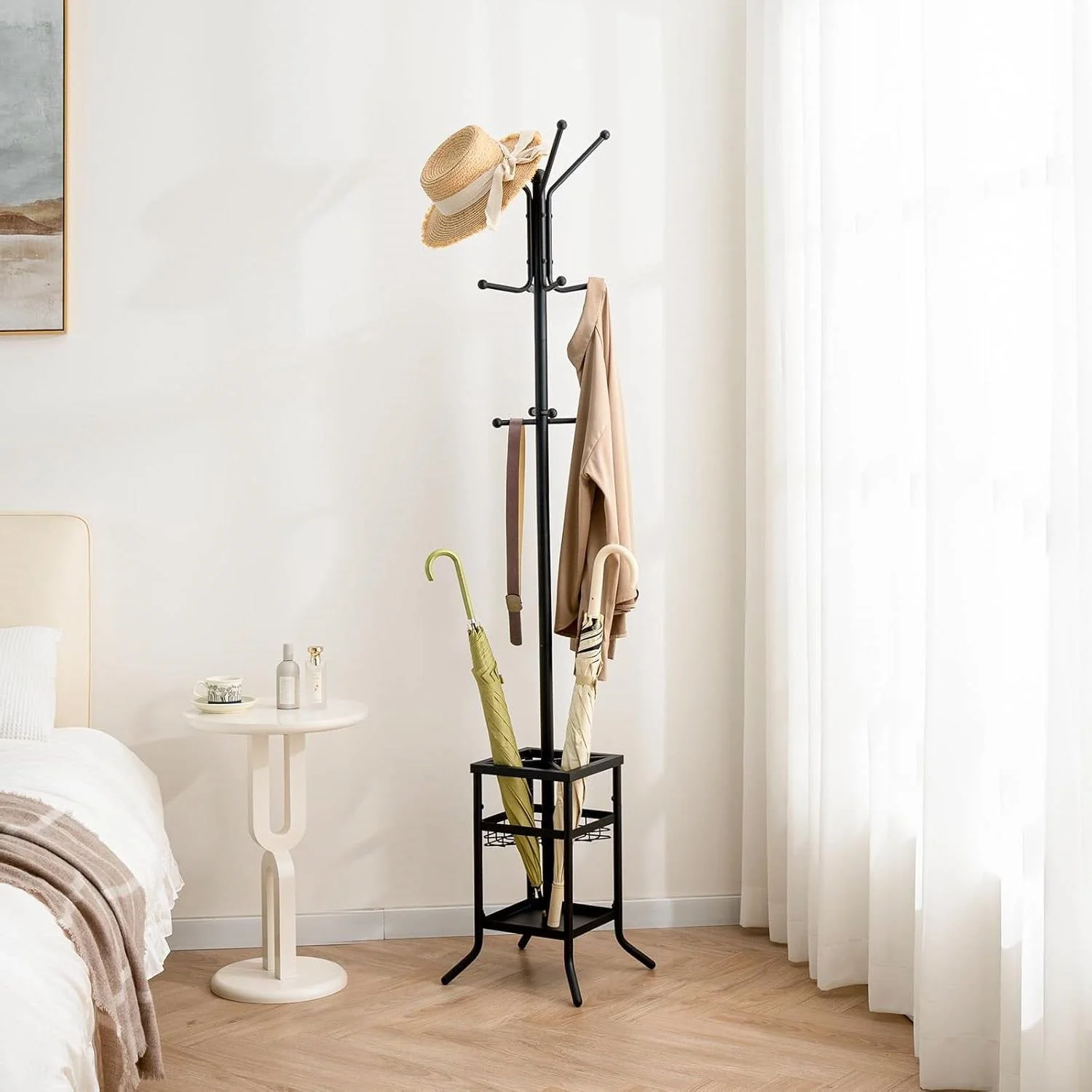 Black Metal Coat Rack Entryway Hall Tree with Umbrella Holder - Image 3