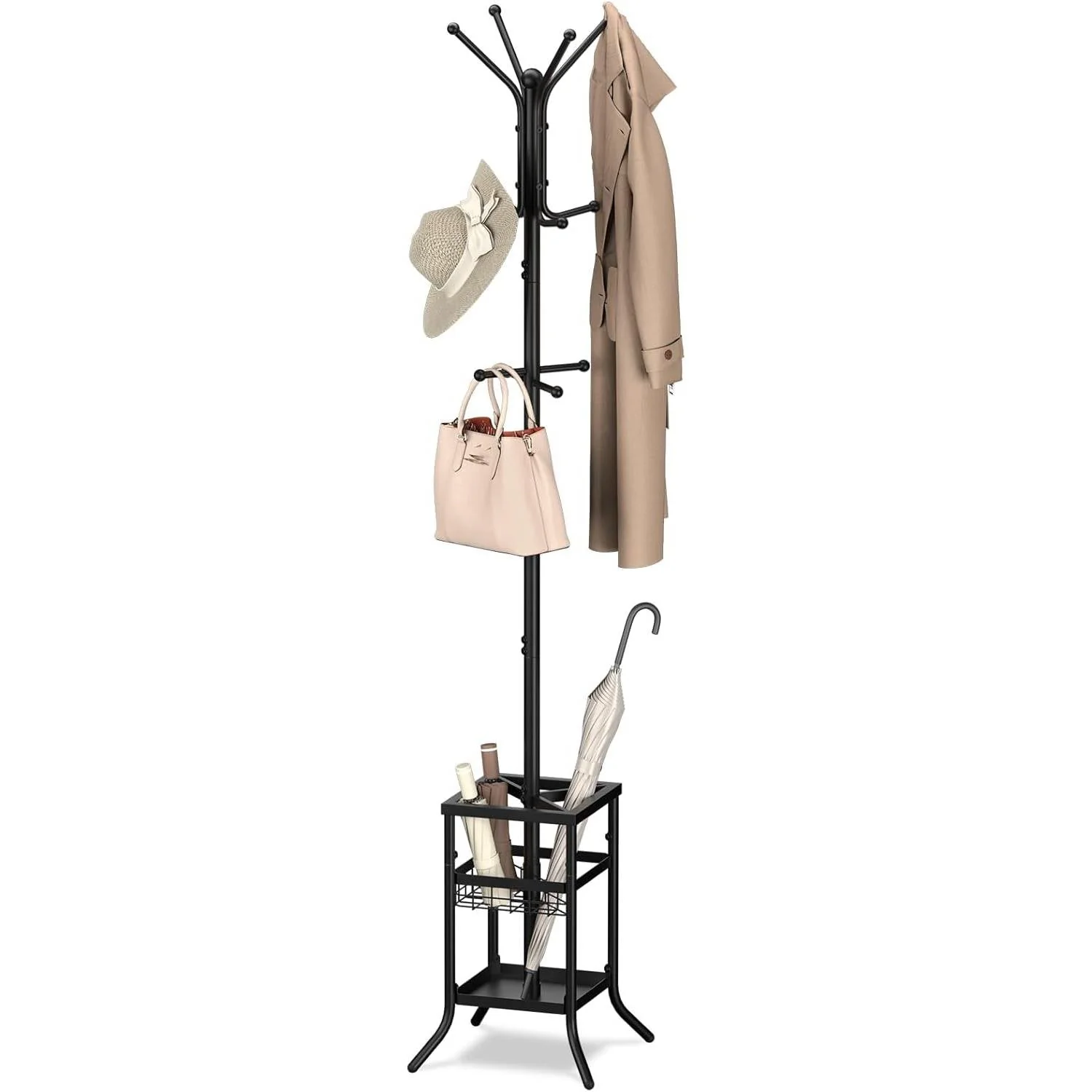 Black Metal Coat Rack Entryway Hall Tree with Umbrella Holder - Image 4