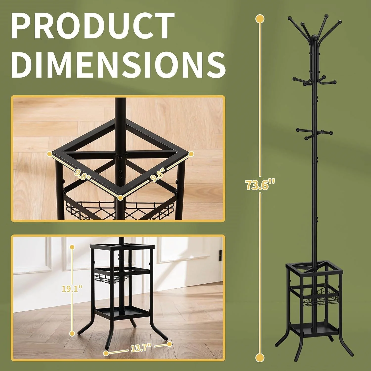 Black Metal Coat Rack Entryway Hall Tree with Umbrella Holder - Image 5