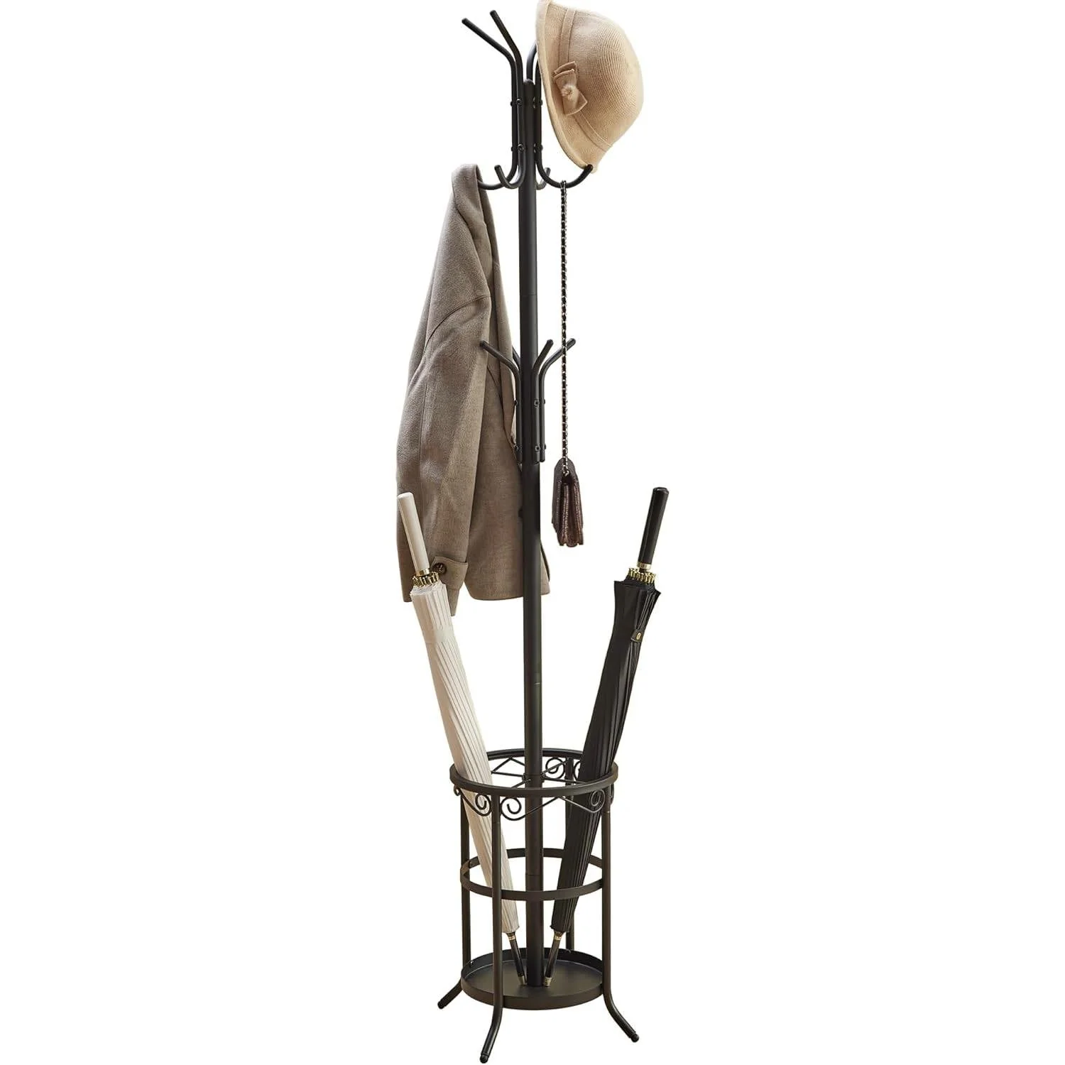 Black Metal Entryway Coat Rack Hall Tree with Umbrella Stand - Image 2