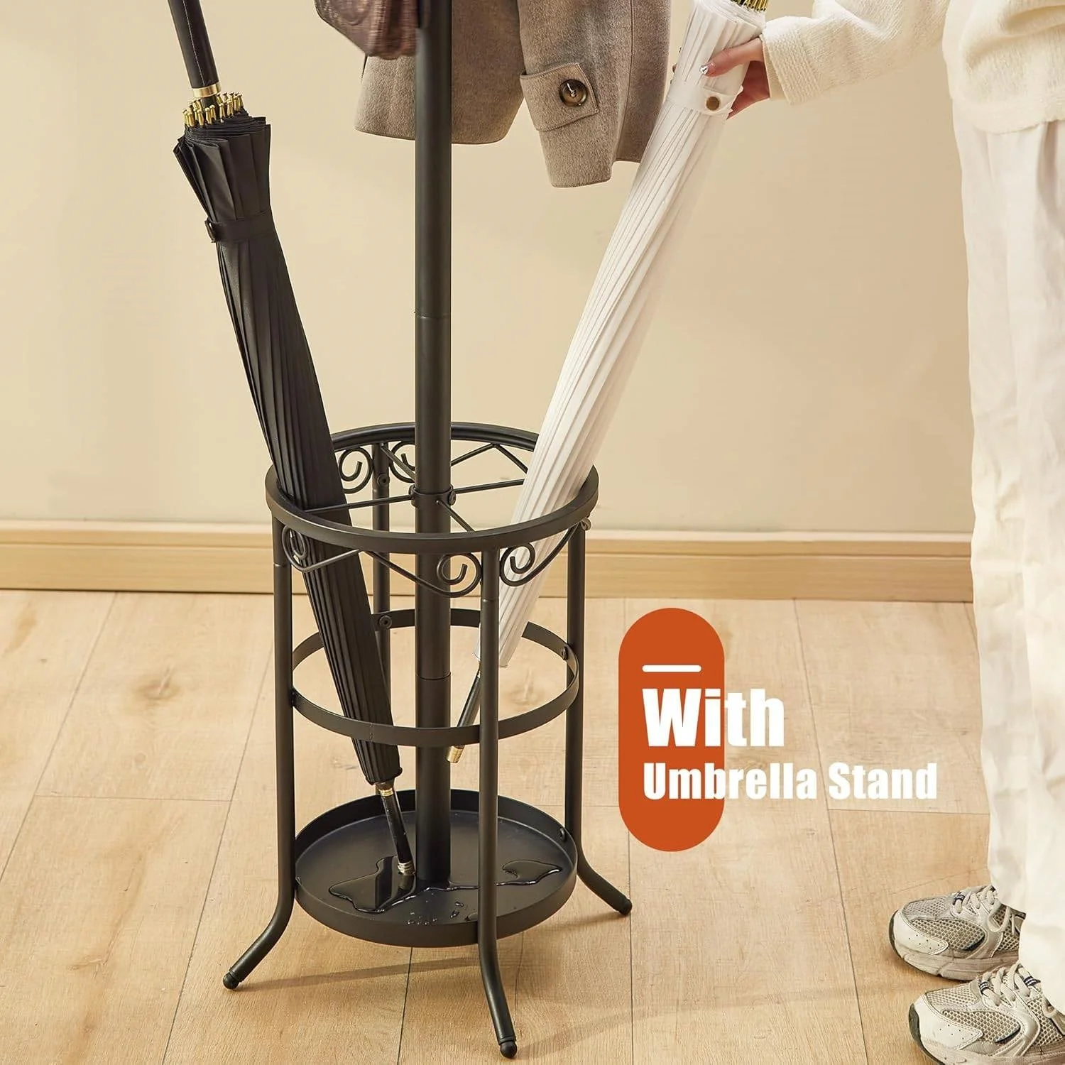 Black Metal Entryway Coat Rack Hall Tree with Umbrella Stand - Image 3