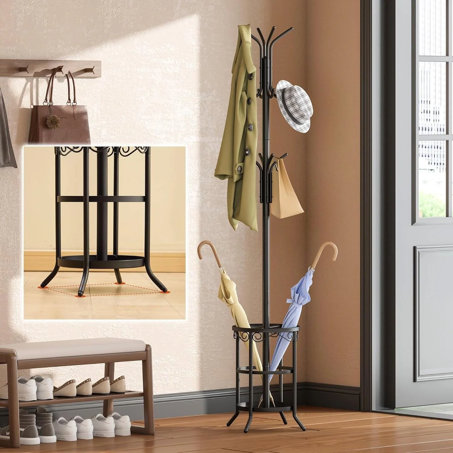 Black Metal Entryway Coat Rack Hall Tree with Umbrella Stand - Image 4